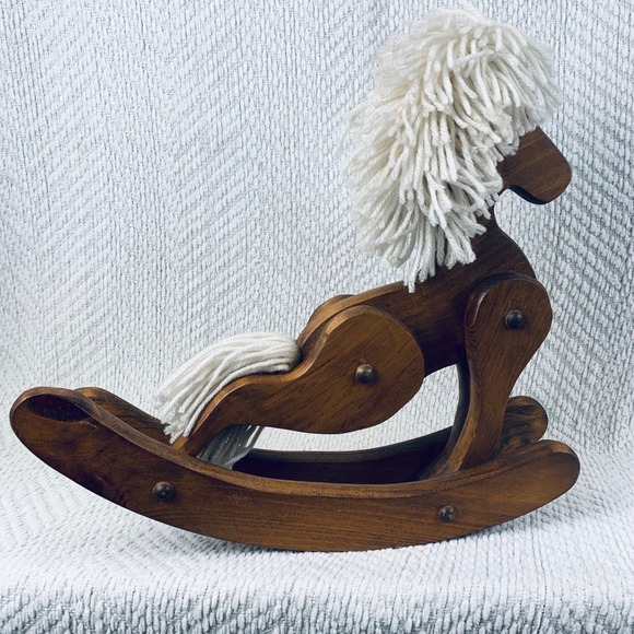 Unbranded Other - Vtg Rocking Horse Brown Wooden Yarn Mane‎ Rustic Decor Moveable Articulated USA